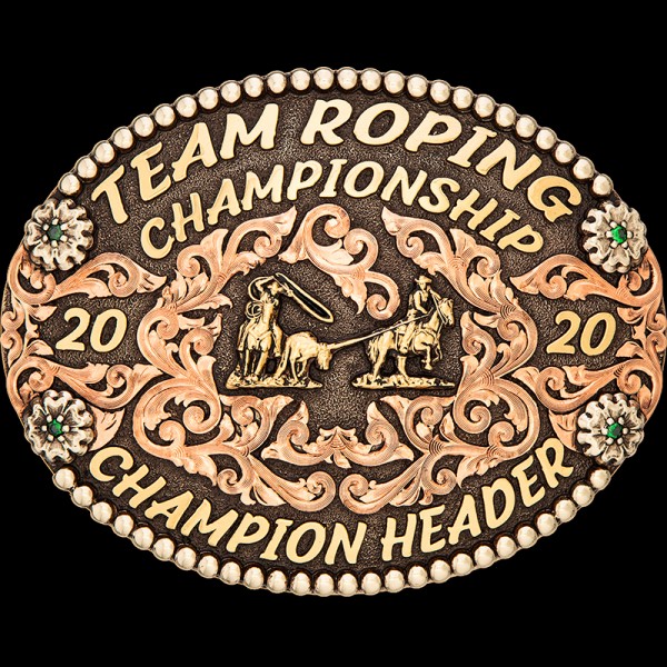 The Brawley Custom Belt Buckle features a silver bead edge and beautiful copper scrollwork. Customize this classic rodeo oval buckle for your next event trophy!